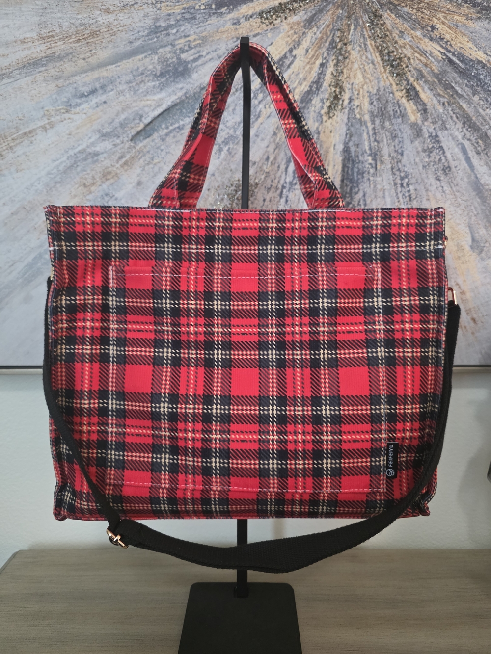 Plaid Tote Bag with Shoulder Strap Red Black